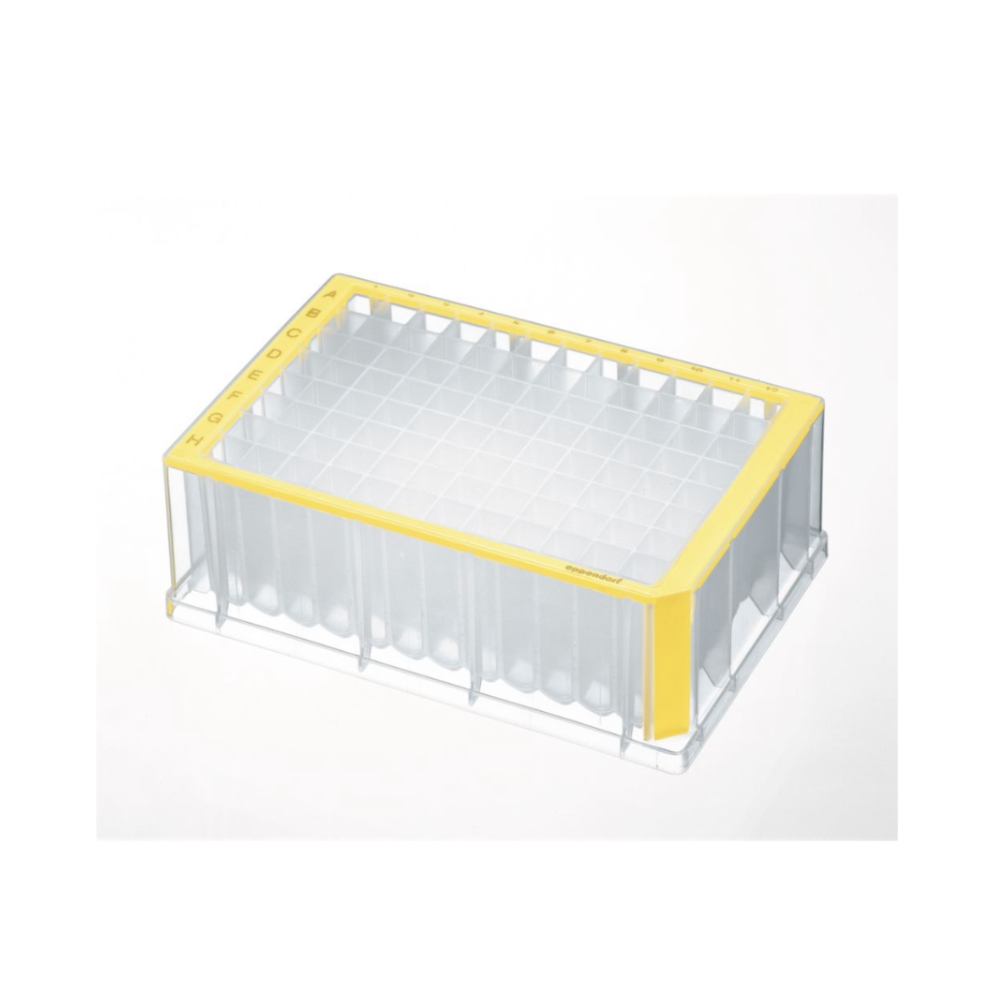 Планшеты глубоколуночные 96 лунок, сертифицированы на отсутствие ДНКаз, РНКаз, ингибиторов ПЦР, объём лунки 2,0 мл, стерильные, цвет рамки жёлтый, 20 шт/уп